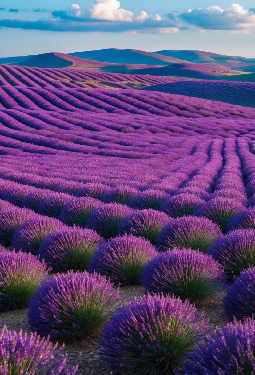 A vast expanse of rolling hills covered in vibrant purple lavender fields stretches out as far as the eye can see