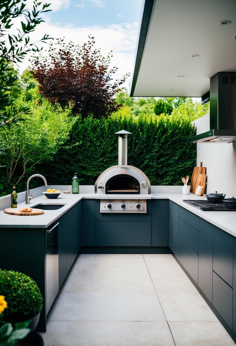 A spacious outdoor kitchen with a built-in pizza oven, surrounded by modern modular design elements and lush greenery