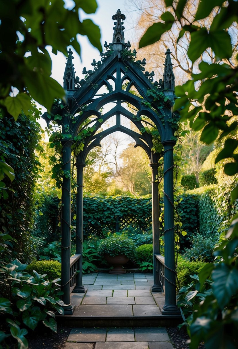 A gothic pergola stands in a lush garden, entwined with vines and surrounded by mysterious foliage