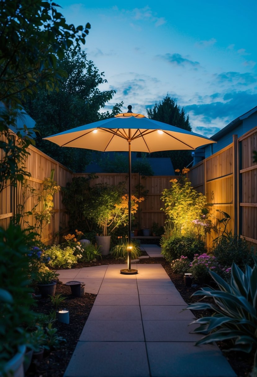 A backyard garden at dusk, with a solar-powered umbrella casting a warm glow over the space, illuminating the surrounding plants and pathways