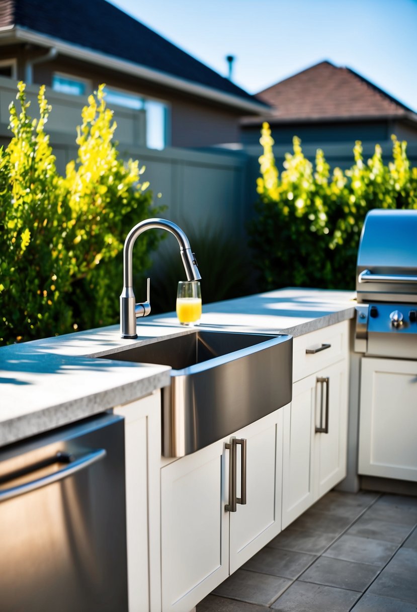 A sleek stainless steel outdoor sink surrounded by a modern outdoor kitchen with countertops, cabinets, and a built-in grill
