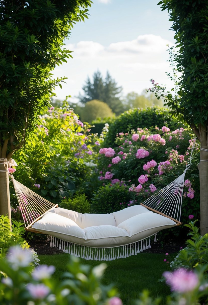 A lush garden with a deluxe pillowtop hammock nestled between two trees, surrounded by blooming flowers and greenery