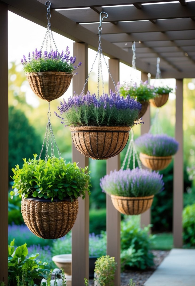 A variety of hanging baskets filled with Mona Lavender plants, suspended from a pergola in a lush garden setting