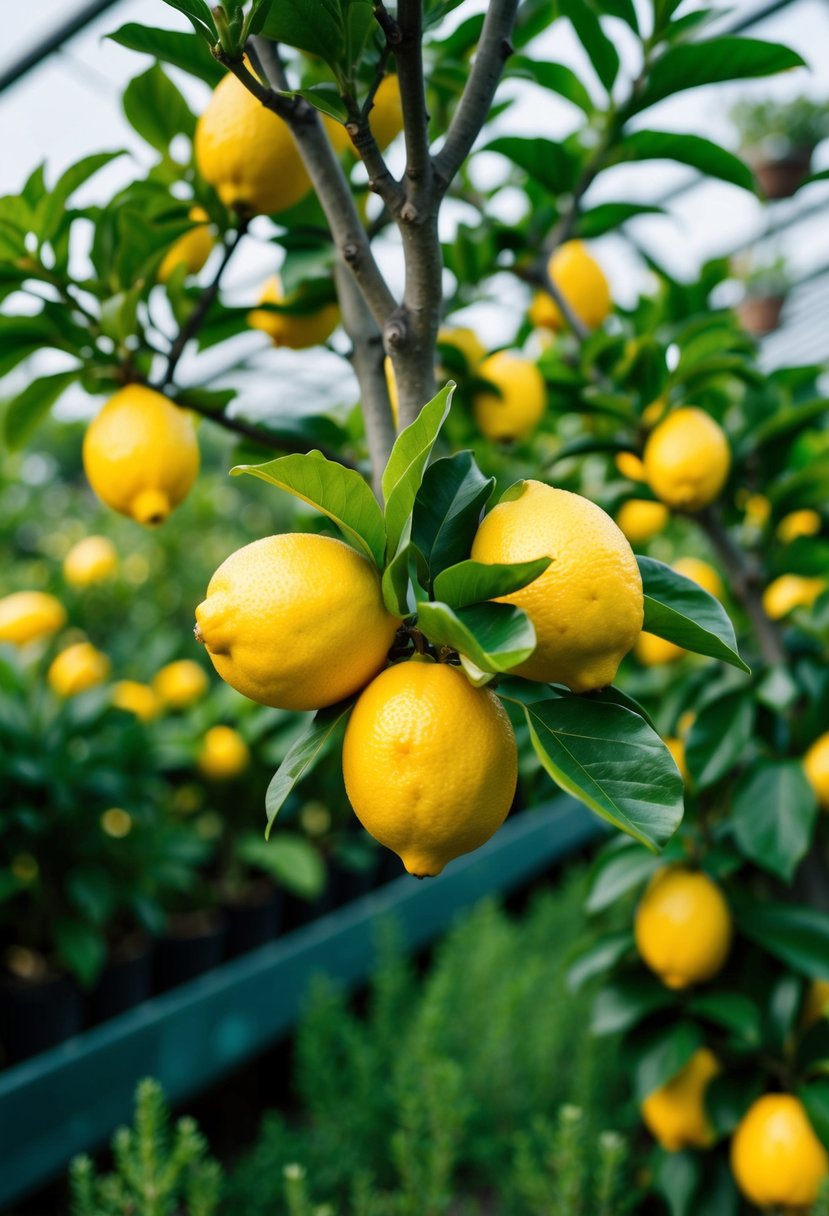 Lemon trees in a greenhouse surrounded by lush gardens