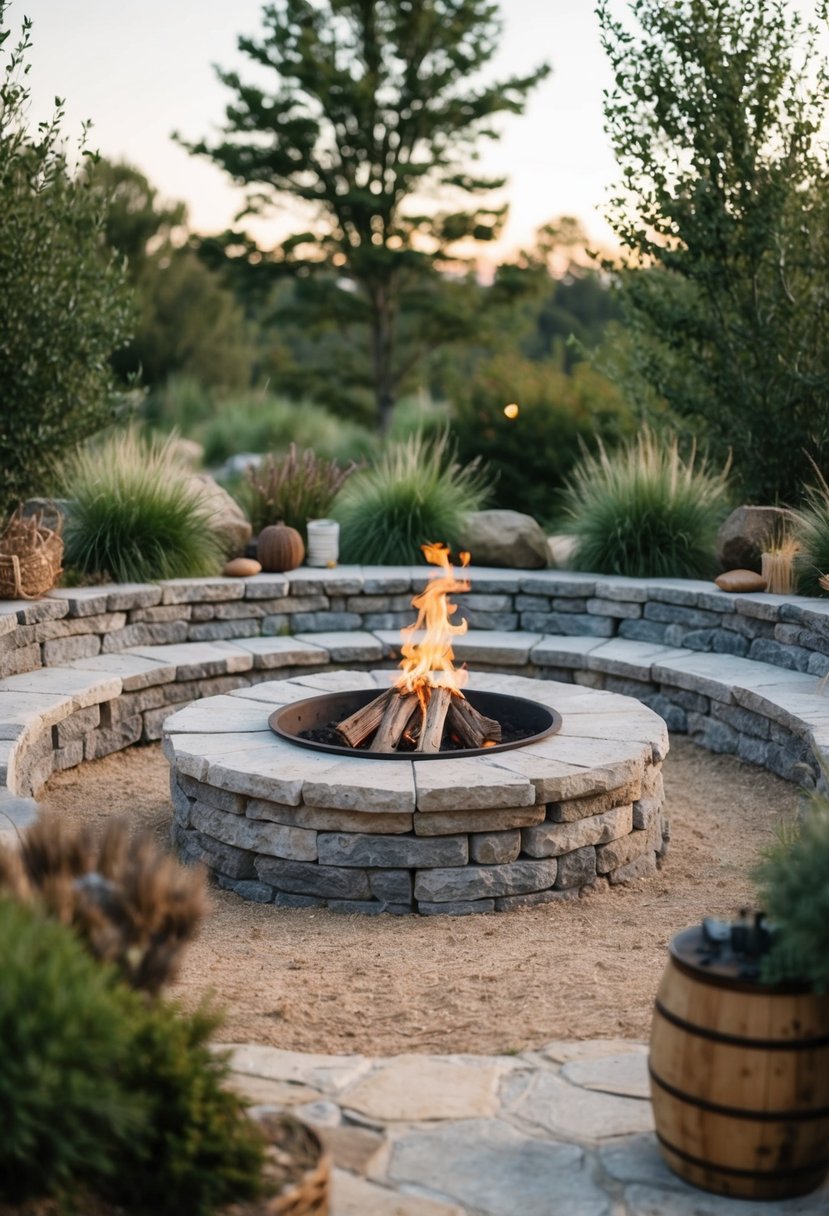 A limestone pit surrounded by natural elements, with a fire pit at its center, creating a cozy and rustic outdoor gathering space