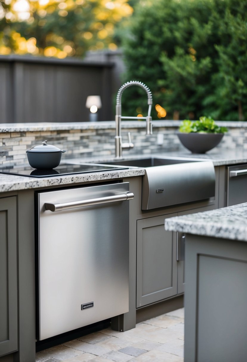 A sleek, stainless steel outdoor dishwasher sits within a modern outdoor kitchen, surrounded by granite countertops and a built-in grill