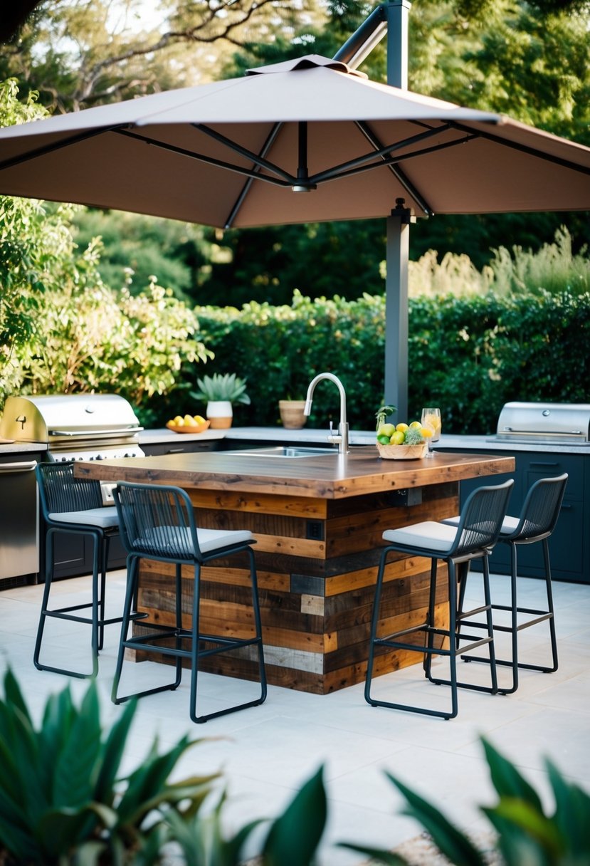 A sleek outdoor kitchen with a reclaimed wood bar, surrounded by modern appliances and stylish furniture, set against a backdrop of lush greenery and natural light