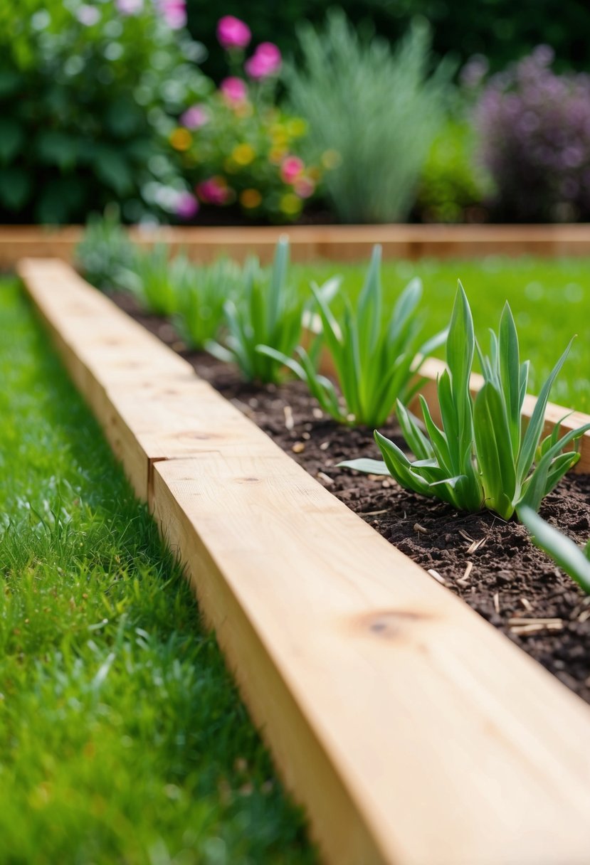 A garden with 35 wooden sleepers arranged as borders