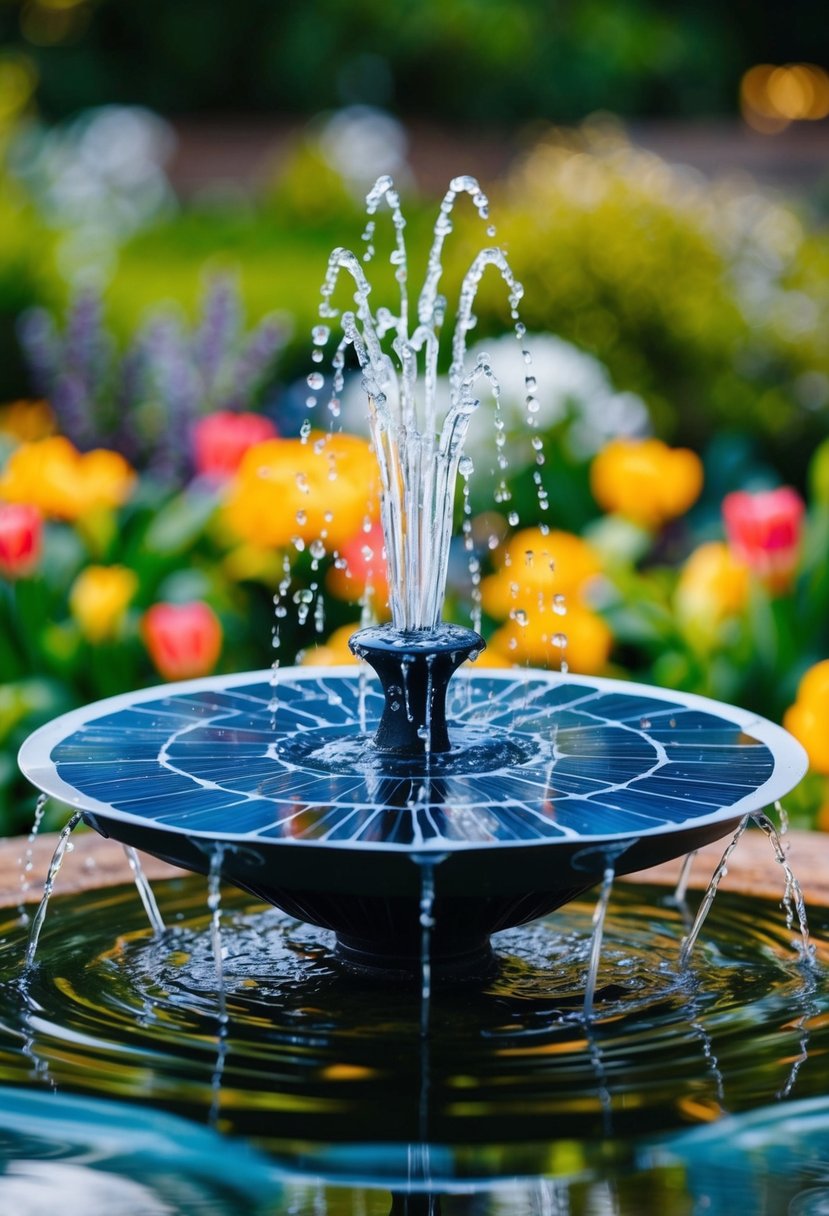 A solar-powered water fountain surrounded by 39 garden water features