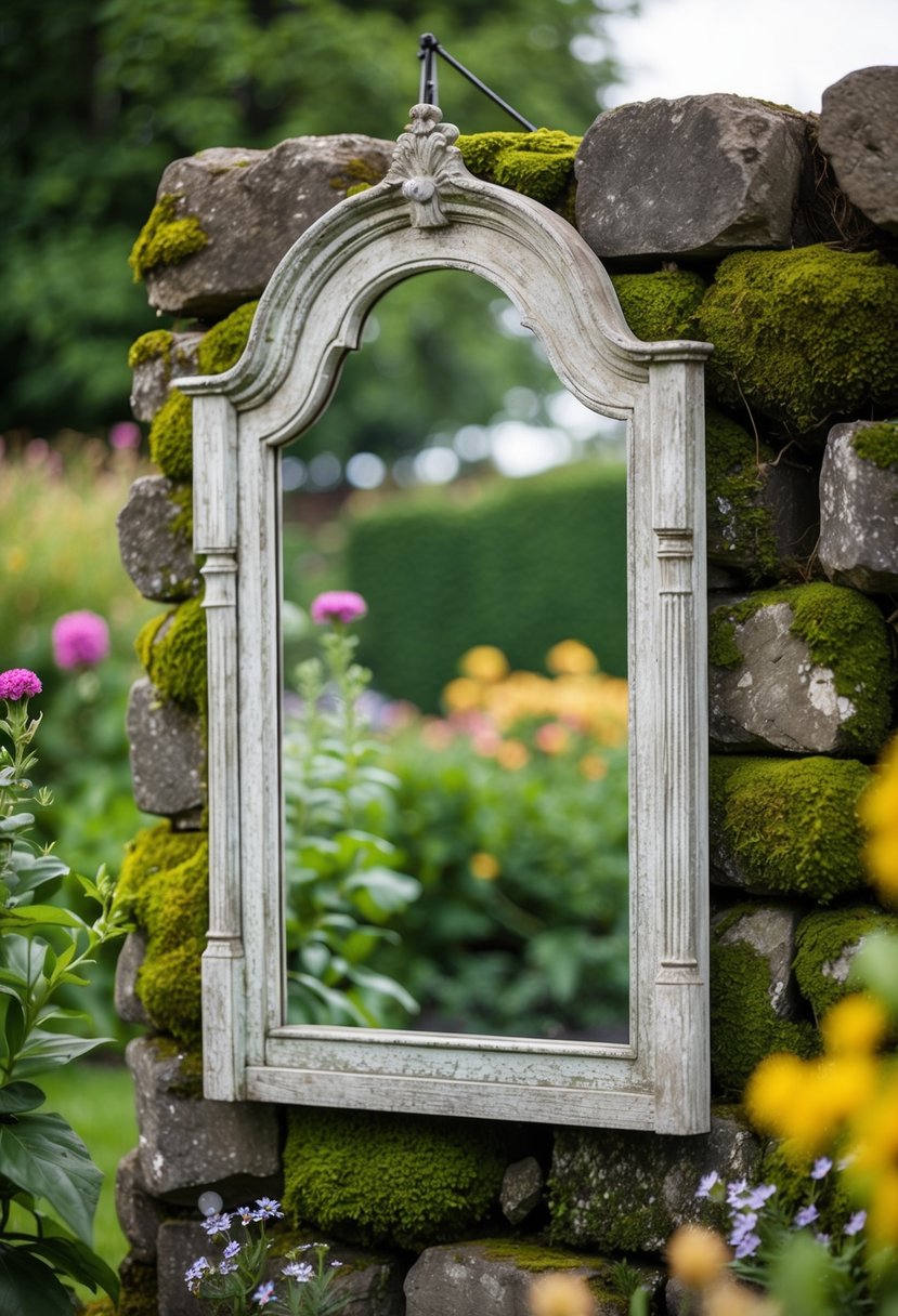 A weathered, ornate arch mirror hangs on a moss-covered stone wall in a lush garden, reflecting the surrounding greenery and flowers