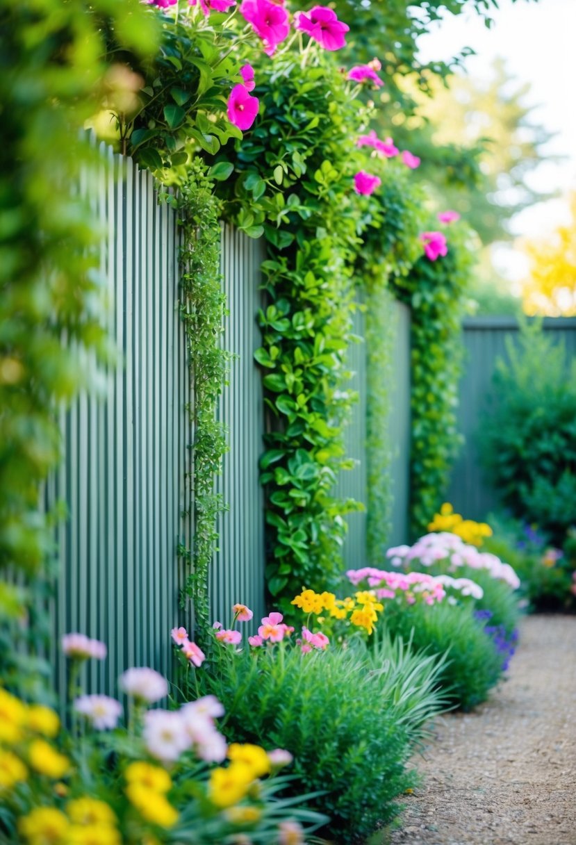 A vertical garden fence with lush greenery and vibrant flowers, creating a natural and inviting entrance to the garden
