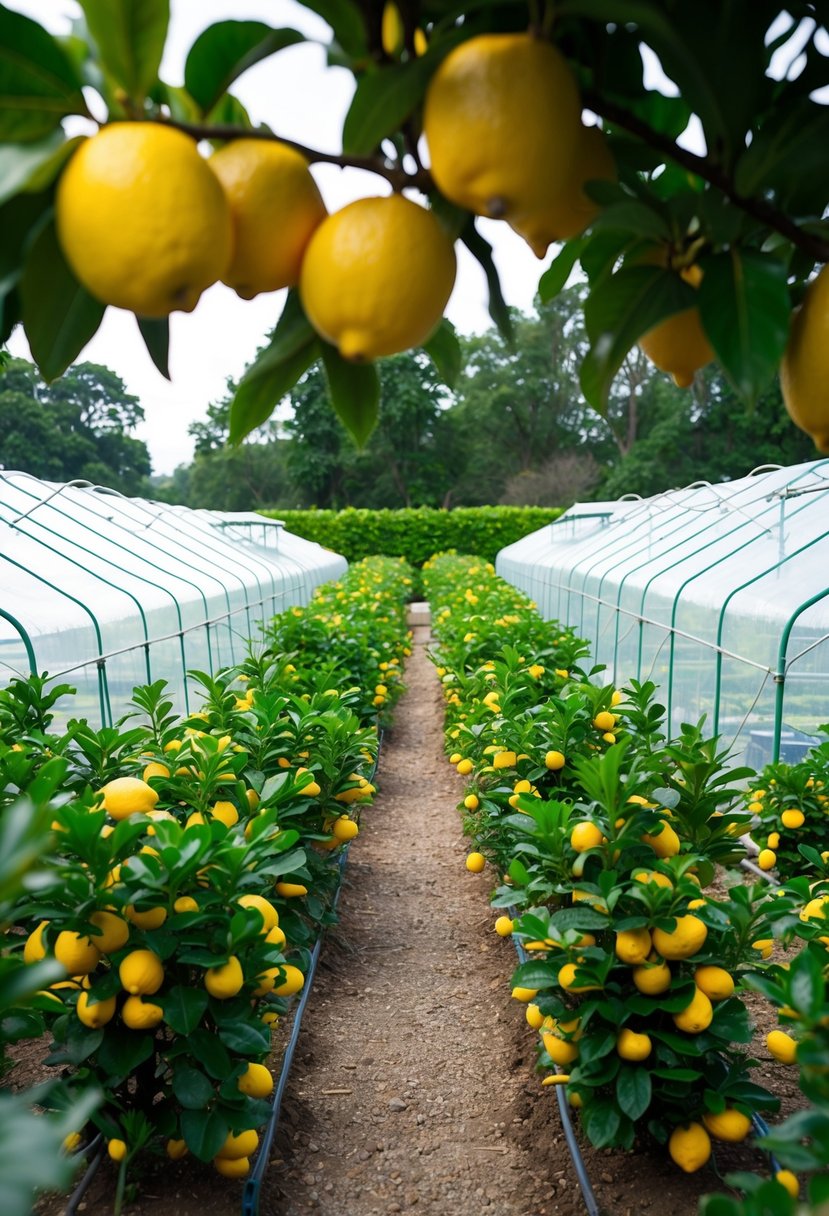 A lush garden filled with Meyer lemon trees, surrounded by 28 greenhouses