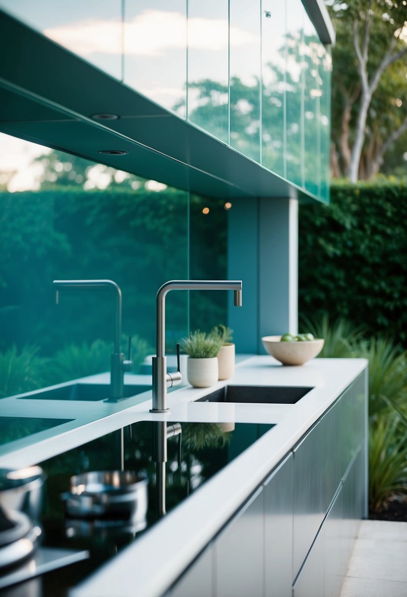 A sleek glass backsplash reflects the modern outdoor kitchen, surrounded by minimalist design and natural elements
