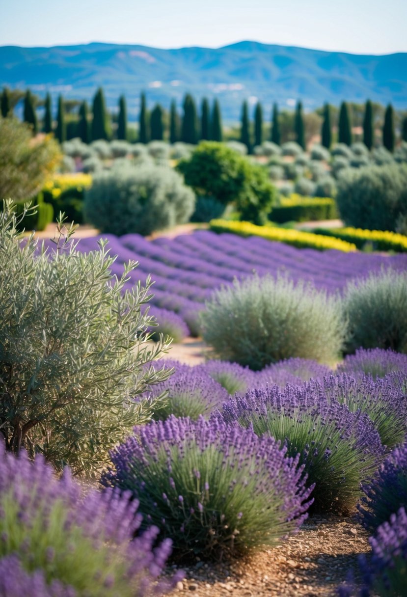 A sprawling olive grove with vibrant lavender fields in the foreground, set against a backdrop of 47 lush gardens