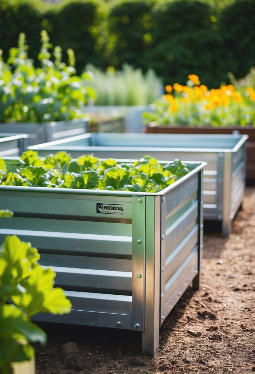 A galvanized steel raised bed sits in a garden with 35 other raised beds