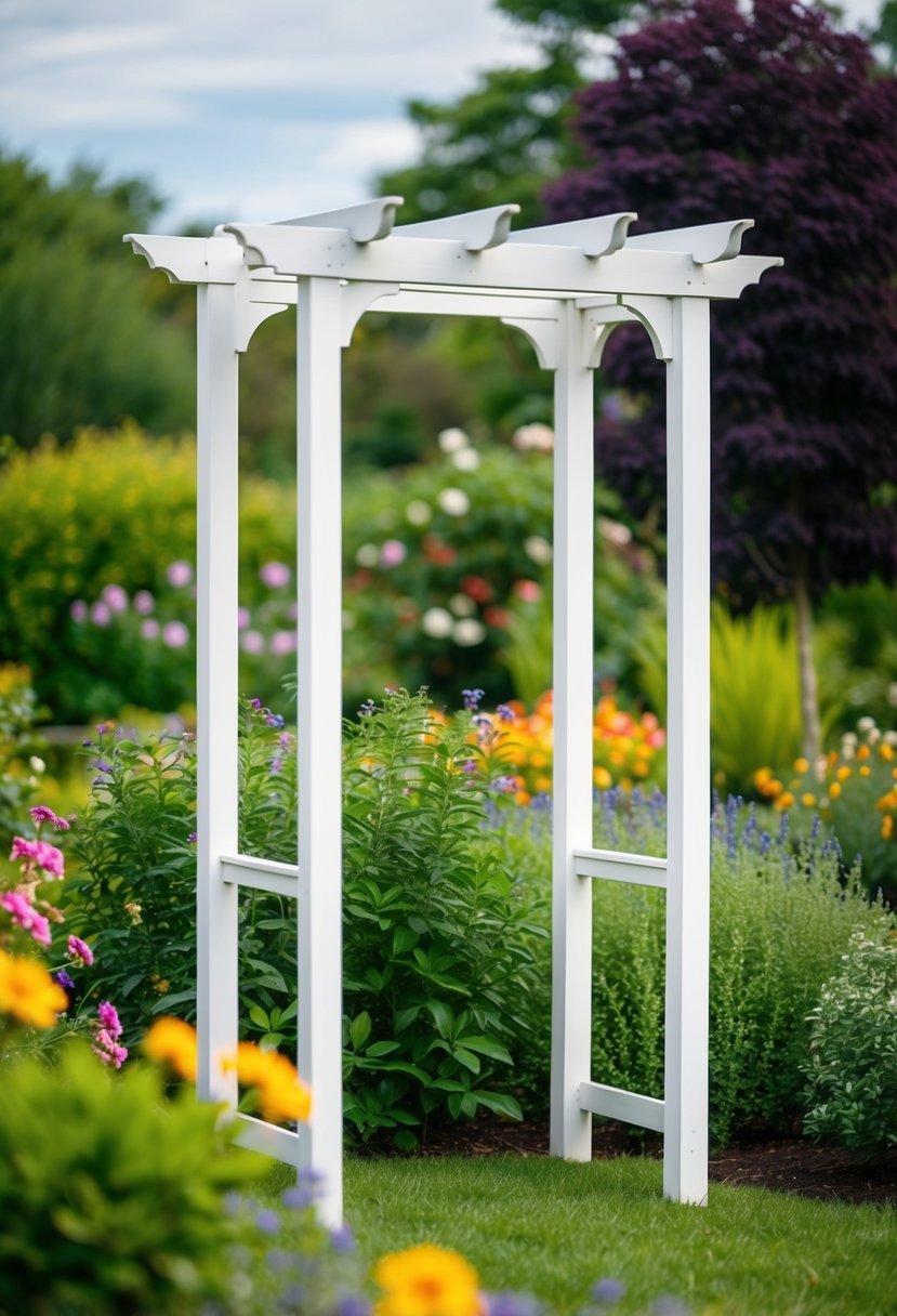 A classic white wooden arbor stands in a garden, surrounded by lush greenery and colorful flowers