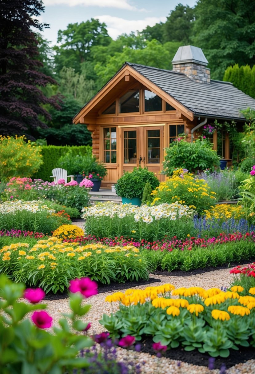 A lush garden with a cedar summer house nestled among 37 vibrant flower beds
