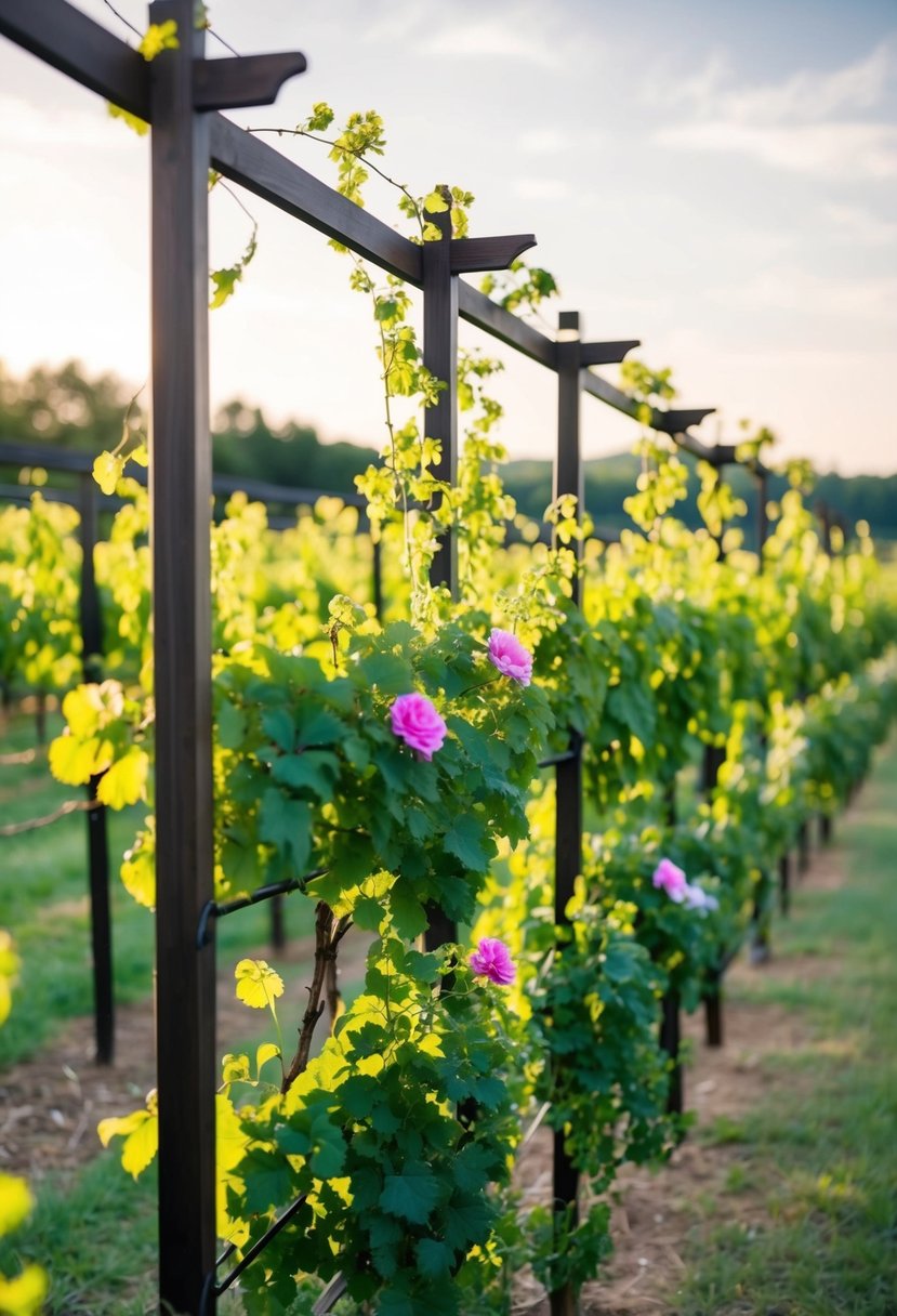 A vineyard trellis with lush greenery and blooming flowers, surrounded by 27 gardens with charming arbors