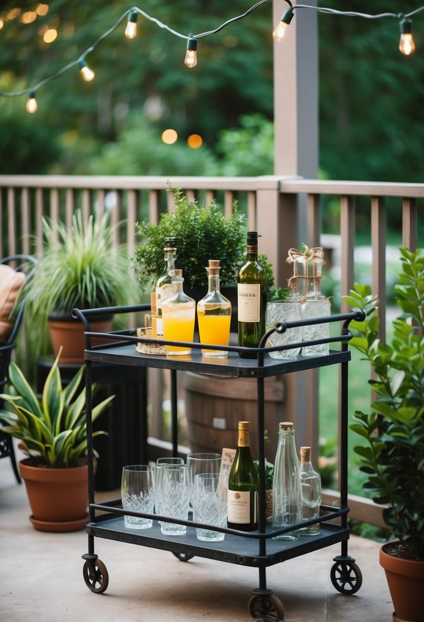 A vintage metal bar cart sits on a patio, surrounded by potted plants and string lights. Glasses and bottles are neatly arranged on the cart, ready for entertaining