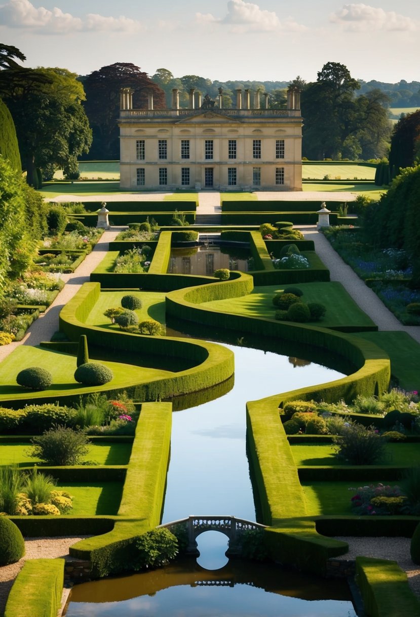 A grand English manor garden with winding historical waterways and 27 lush gardens, featuring serene streams running through the picturesque landscape