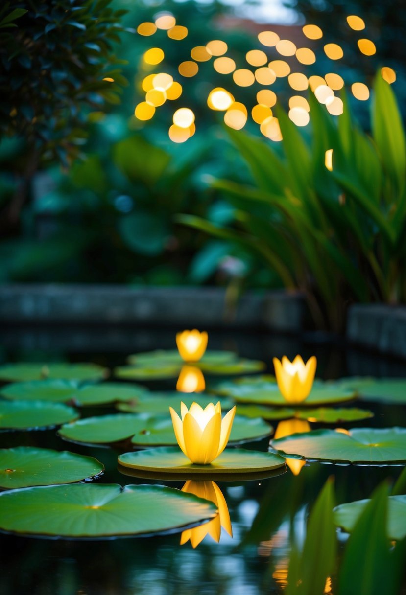 Glowing lily pads float on a tranquil garden pond, casting a soft and enchanting light on the surrounding foliage