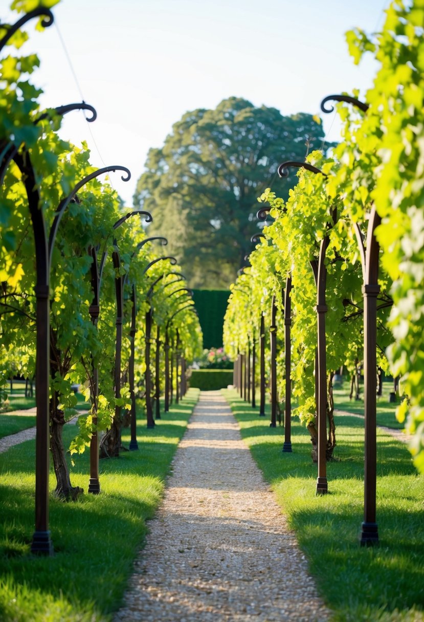A lush garden with 32 grapevine arbors, each adorned with arches, creating a picturesque and serene atmosphere