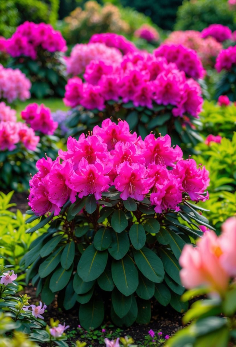 A lush garden filled with vibrant rhododendron 'Baden Baden' and azaleas in full bloom, creating a colorful and picturesque landscape
