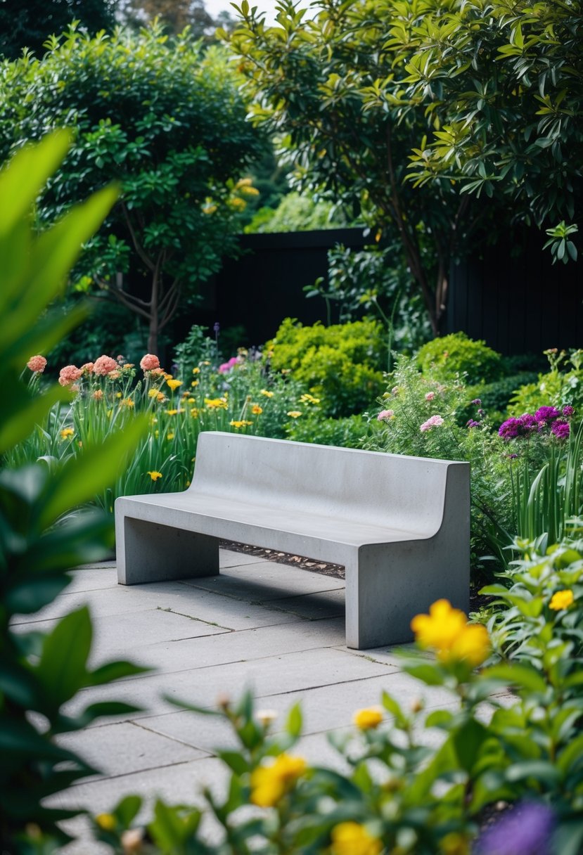 A concrete bench surrounded by lush greenery and flowers in a tranquil garden setting