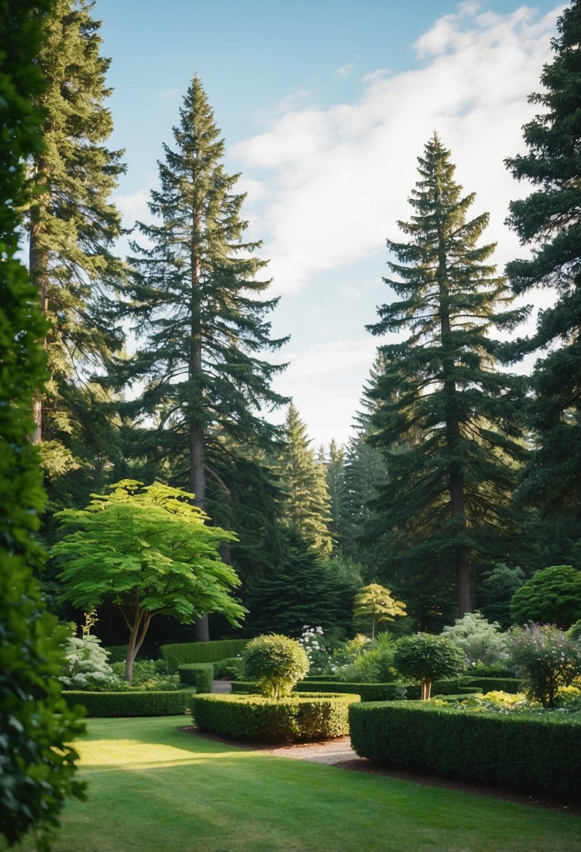 A serene garden with tall pine trees and lush greenery