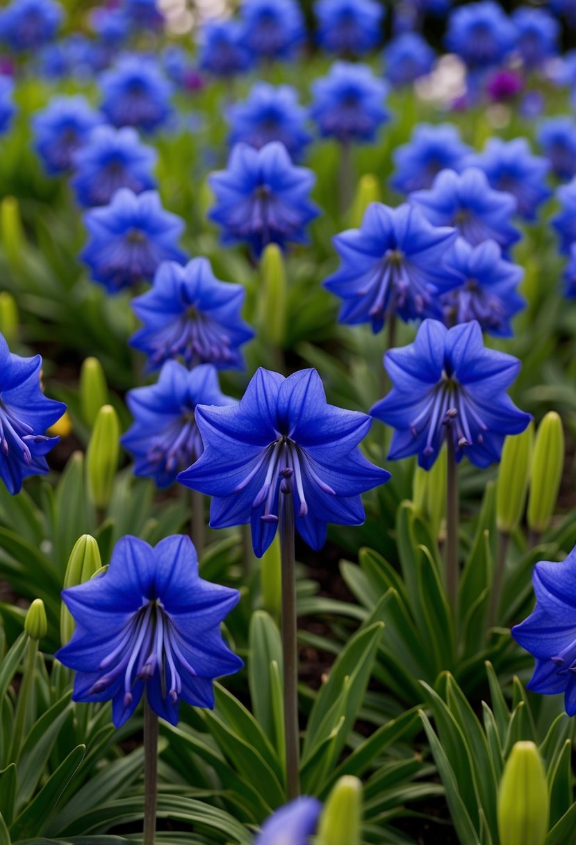 A garden filled with vibrant blue Agapanthus 'Blue Storm' flowers in full bloom, creating a stunning display of color and beauty