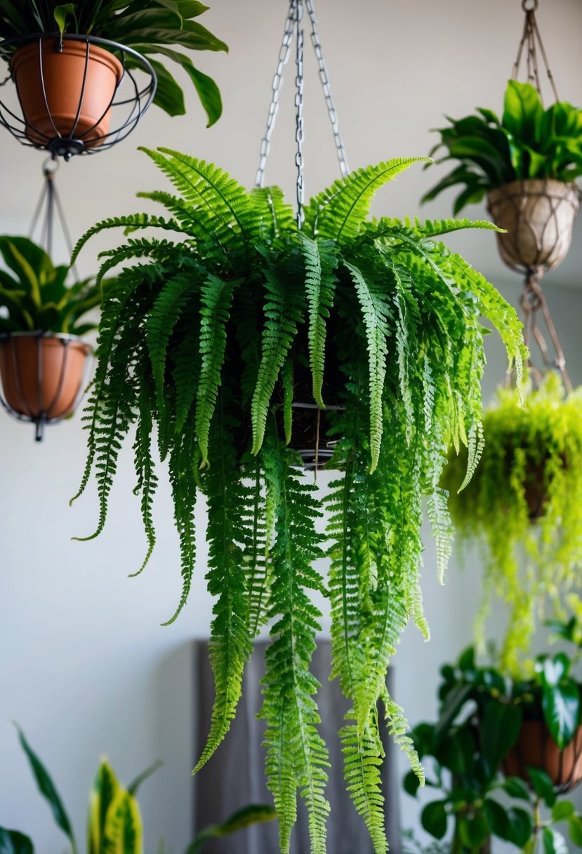 A lush Boston Fern hangs from a wire basket, surrounded by other hanging plants. The fern's long, delicate fronds cascade gracefully downwards