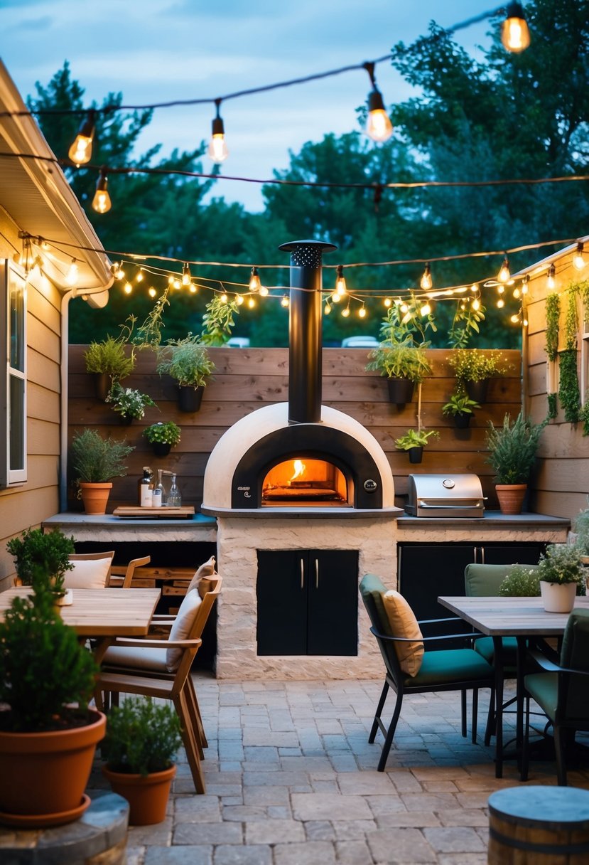 A cozy patio with a wood-fired pizza oven, surrounded by potted herbs and string lights. A rustic BBQ area with a mix of seating options and a warm, inviting atmosphere