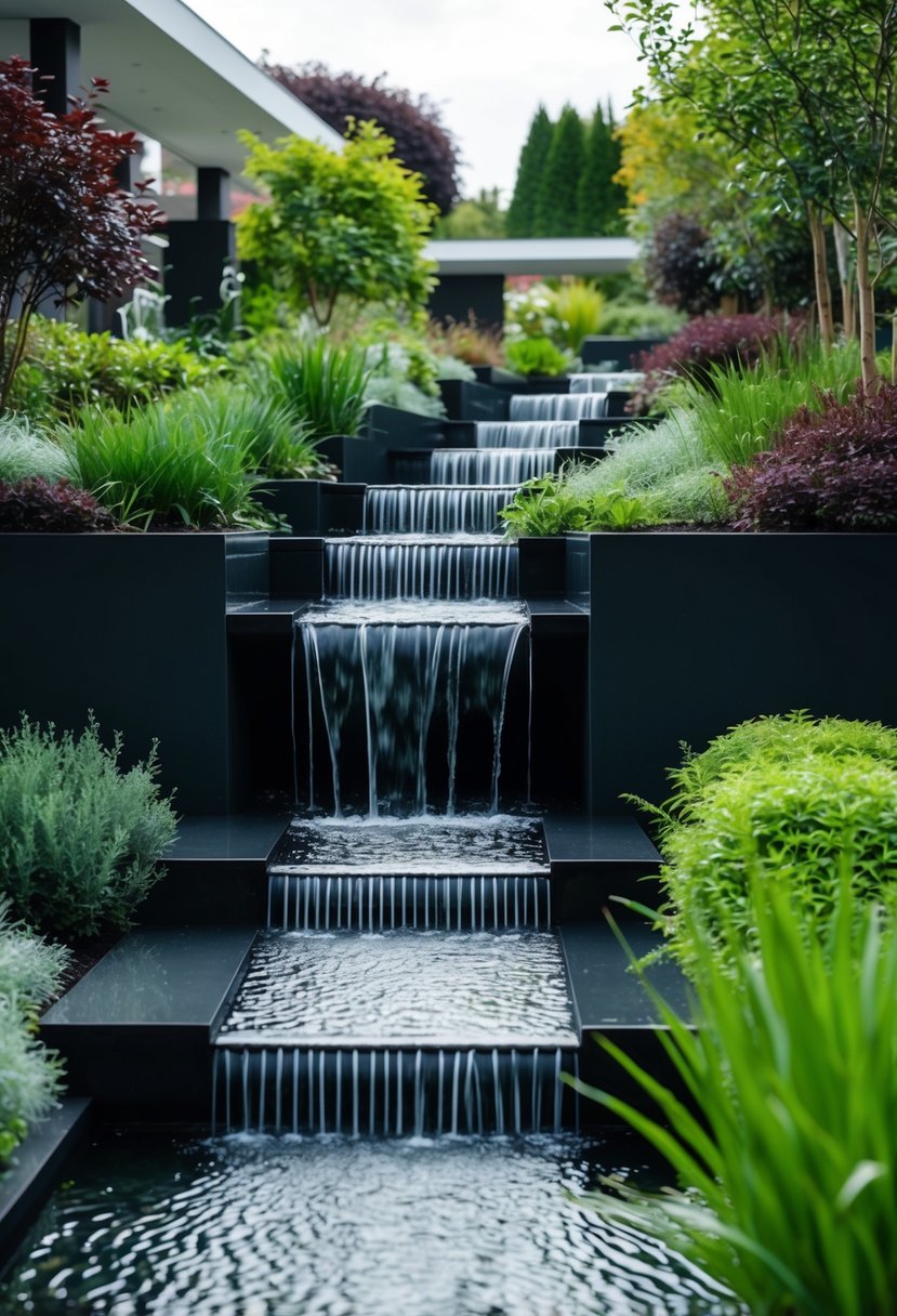 A contemporary garden with sleek, cascading streams flowing through 27 different gardens