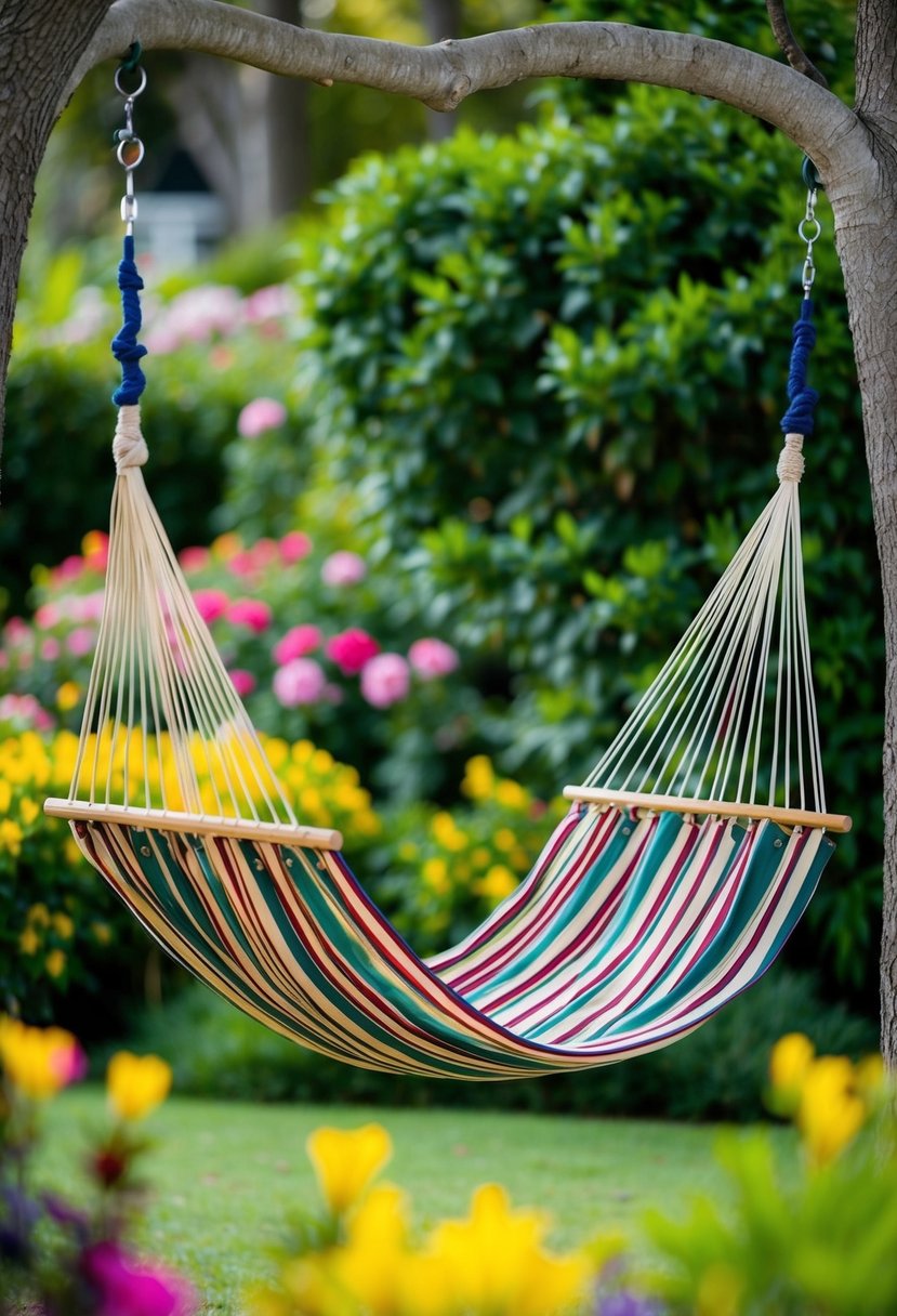 A spreader bar hammock hangs between two trees in a lush garden, surrounded by colorful flowers and greenery