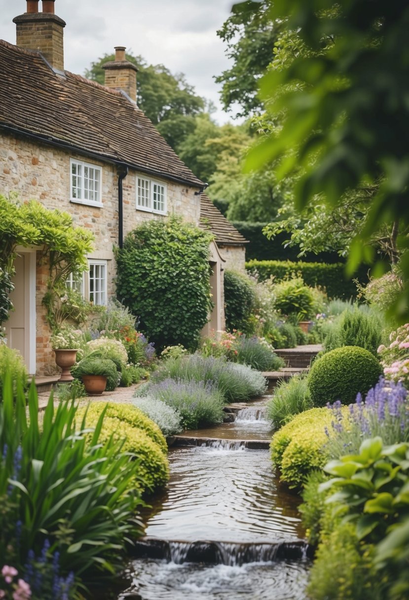 A quaint English cottage garden with a bubbling brook running through 27 gardens with streams