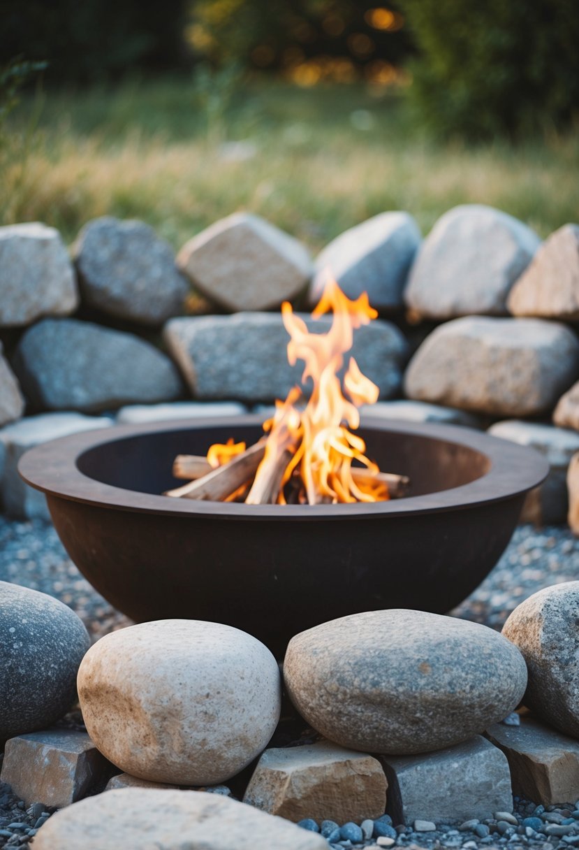 A large pit surrounded by natural stone boulders, with a rustic fire pit in the center