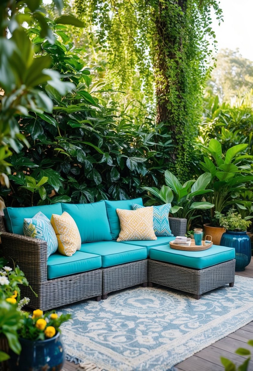 A resin wicker sectional nestled among lush greenery, surrounded by colorful cushions and throw pillows, creating a cozy outdoor seating area