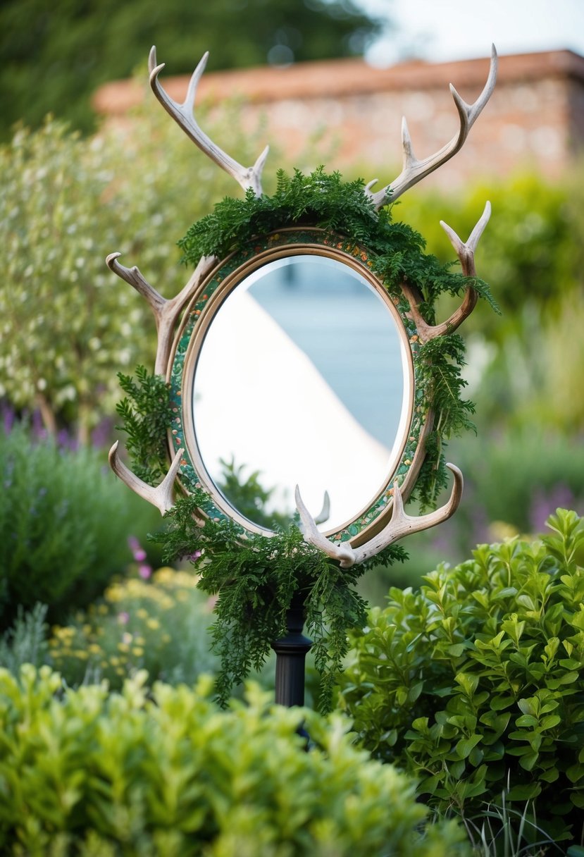 A garden scene with a decorative mirror surrounded by antlers and greenery