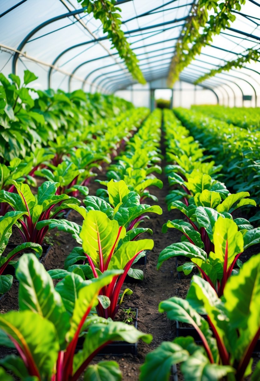 A lush garden of Swiss chard stretches across 28 plots, each enclosed in a glass greenhouse. The vibrant green leaves and colorful stems create a picturesque scene