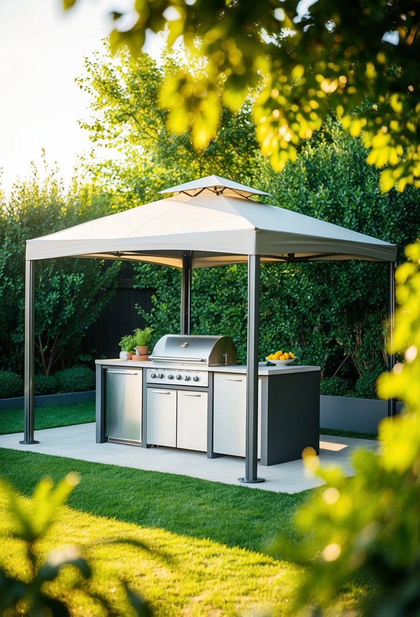 A sleek, modern outdoor kitchen set under a pop-up gazebo, surrounded by lush greenery and bathed in warm sunlight