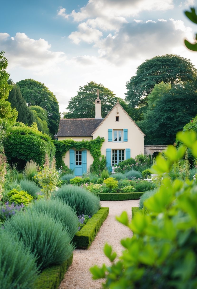 A charming French provincial garden with a quaint summer house nestled among 37 lush green gardens