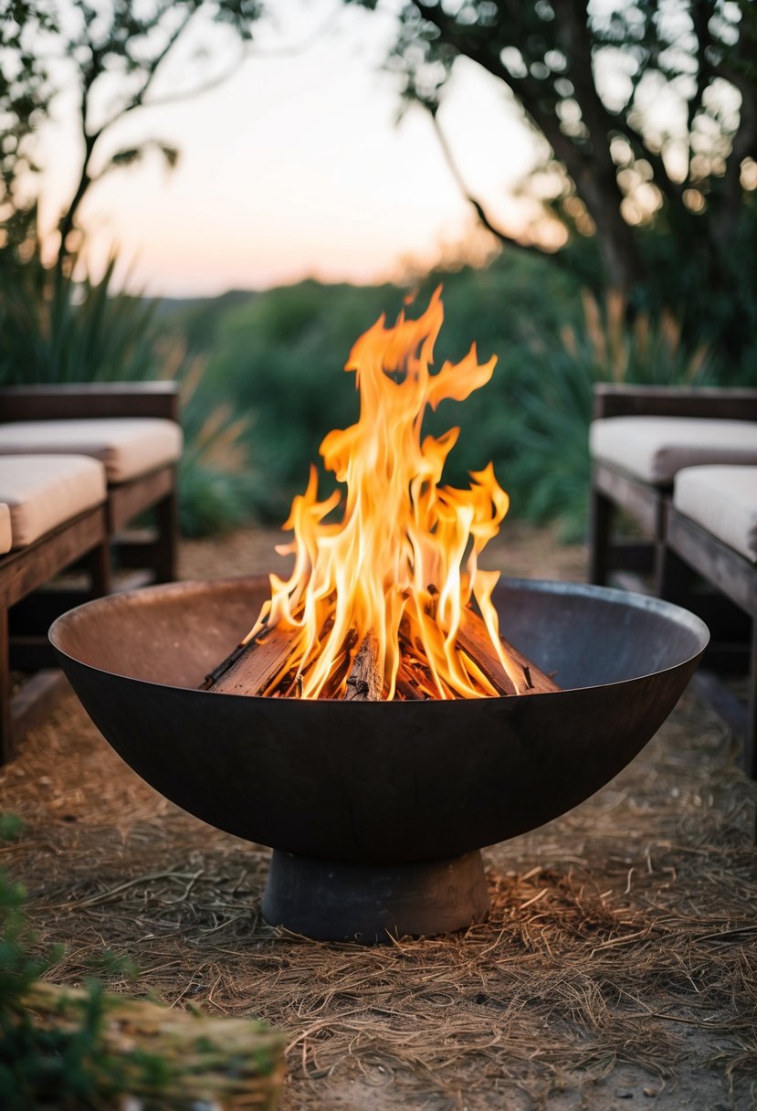 A metal fire bowl sits in a rustic outdoor setting, surrounded by natural elements and possibly some seating