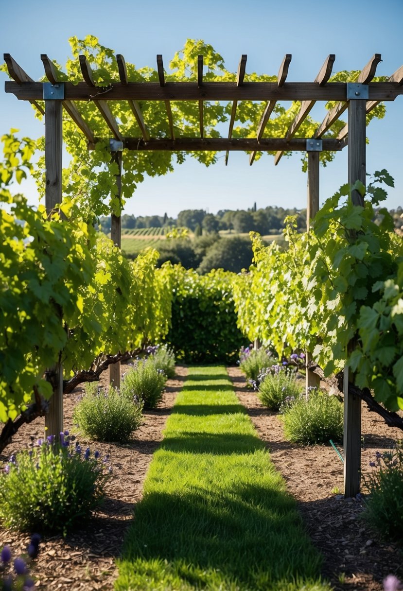 A vine-covered pergola stands in a rustic vineyard garden, surrounded by lush greenery and blooming flowers