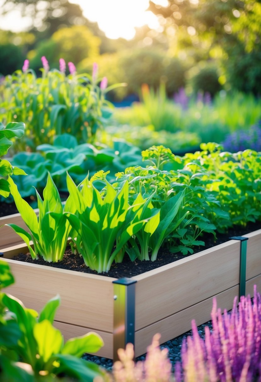 A raised bed planter filled with lush, thriving plants sits in the center of a vibrant aquaponic garden