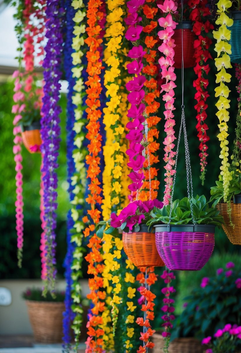 A colorful array of 26 calibrachoa hanging basket plants, cascading from above in a vibrant display of various colors and patterns