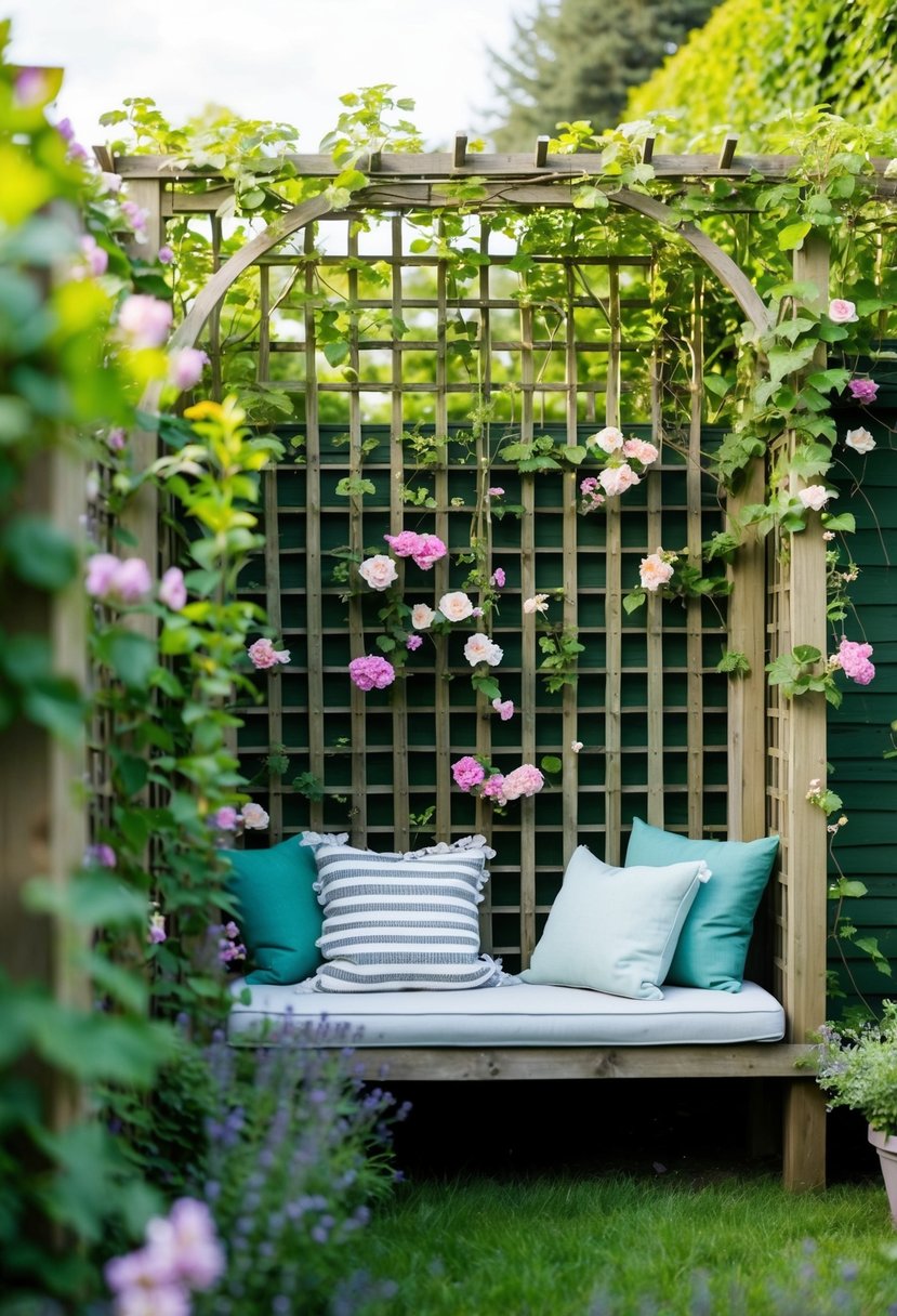 A garden trellis wall adorned with climbing vines and blooming flowers, creating a cozy and picturesque nook in the garden