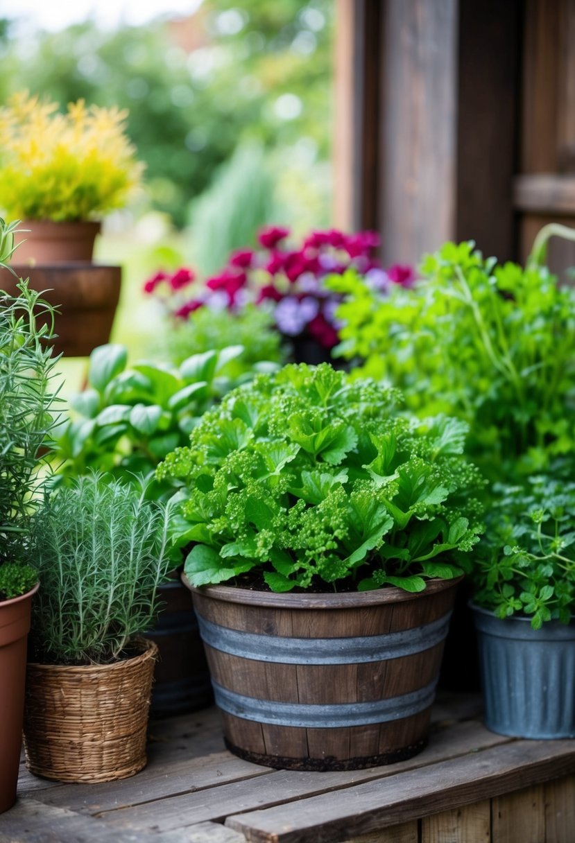 Salad Burnet grows in a rustic wooden tub among other herbs in containers