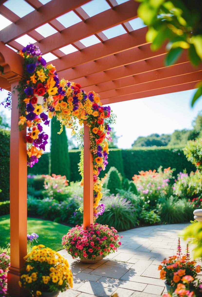 A vibrant pergola adorned with colorful flowers surrounded by lush gardens