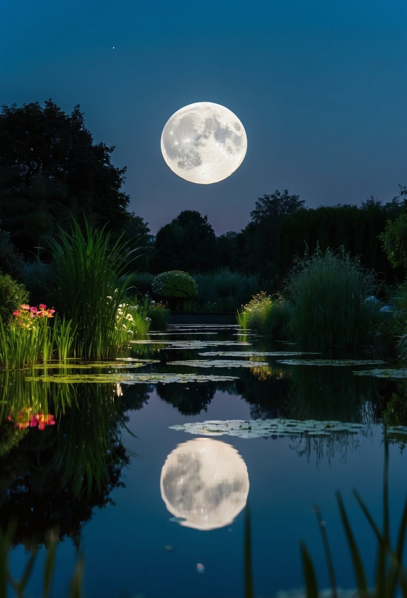 Calm water reflects moonlight in 25 garden ponds at night