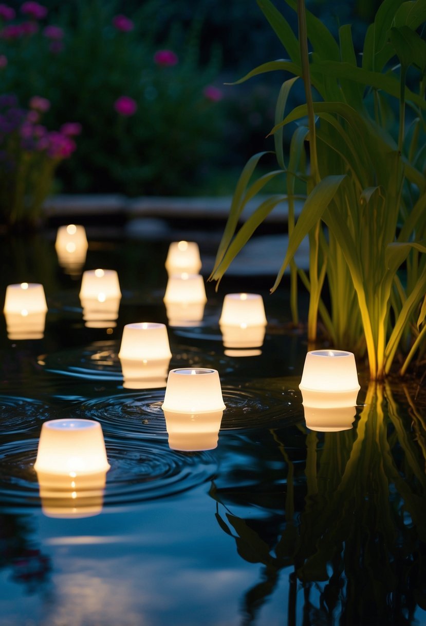 Floating solar lights illuminate a serene garden pond at dusk